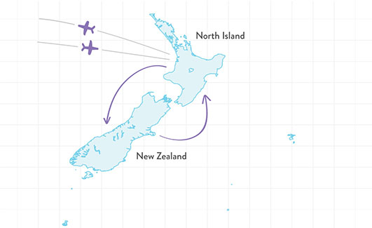 Mapa vašej dovolenky na Novom Zélande - spoznávací pobyt na severnom a južnom ostrove